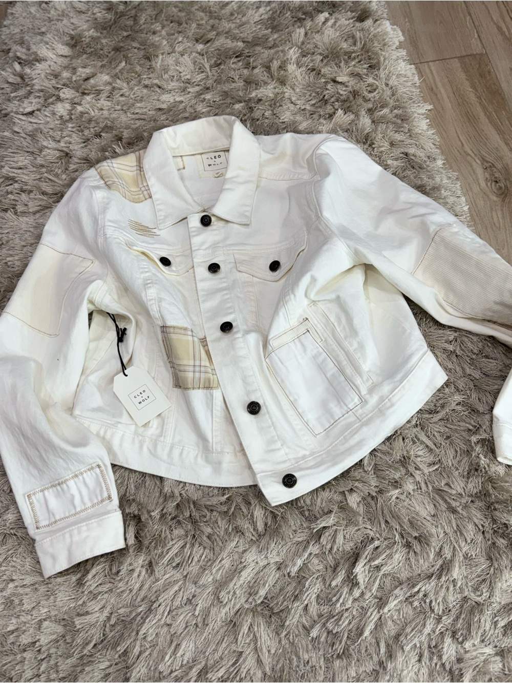 C/MEO Collective White Denim Jacket with Beige Plaid Accents